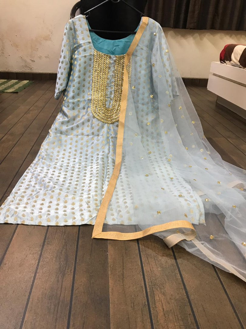 sky jacquard butti sharara salwar suit
