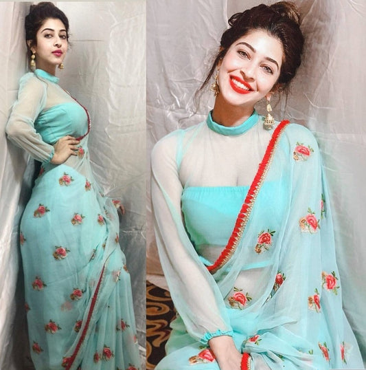 sky mono net beautiful embroidered saree