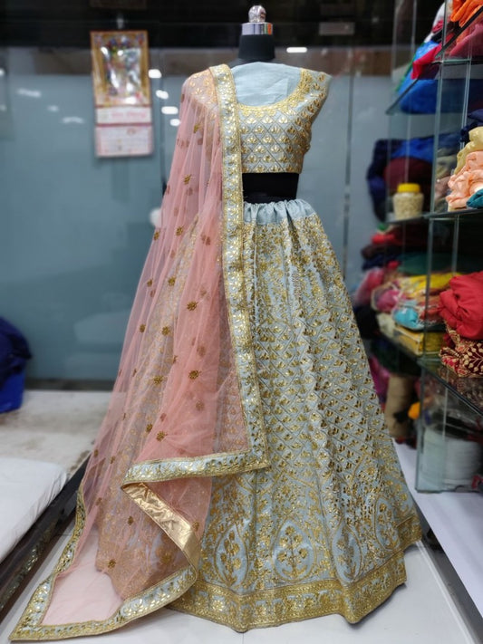 sky mulberry silk heavy embroidered wedding lehenga