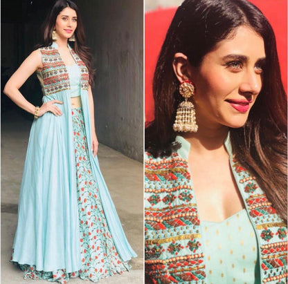 sky muslin silk digital printed bollywood style lehenga with koti