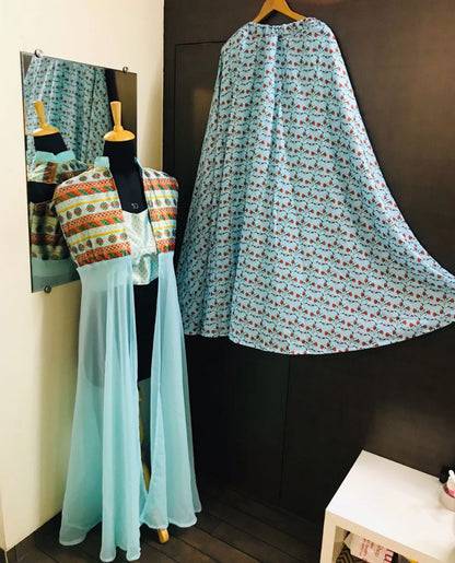 sky muslin silk digital printed bollywood style lehenga with koti