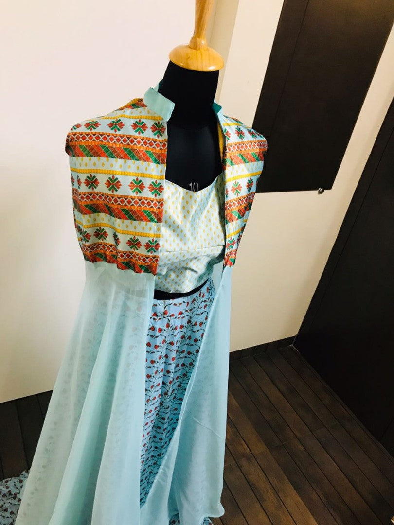 sky muslin silk digital printed bollywood style lehenga with koti