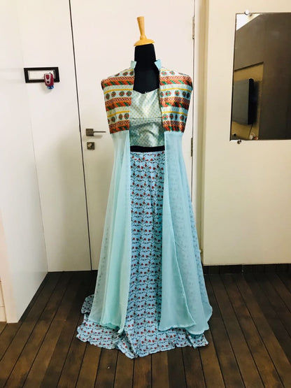 sky muslin silk digital printed bollywood style lehenga with koti