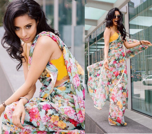 sky orgenza floral digital printed stylist casual wear saree