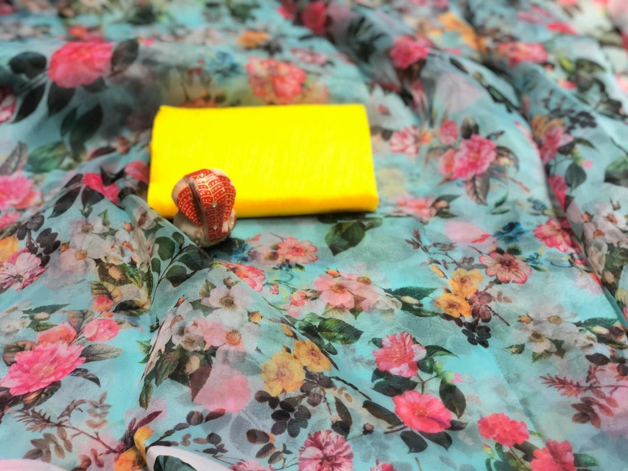 sky orgenza floral digital printed stylist casual wear saree