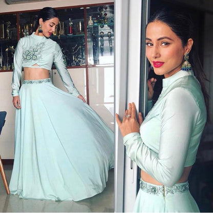 sky satin silk beautiful partywear crop top lehenga