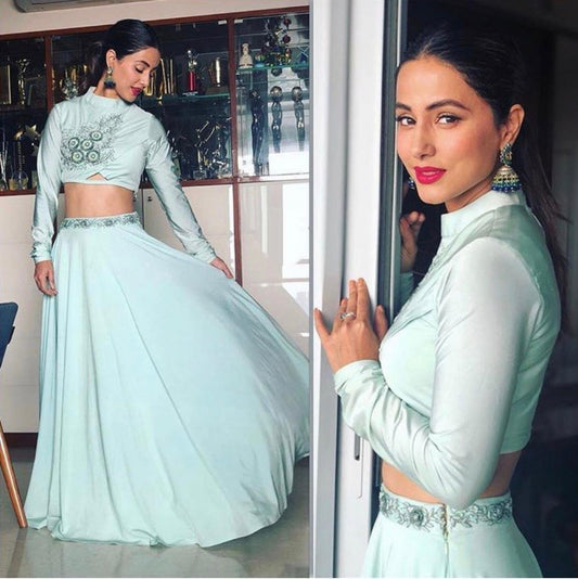 sky satin silk beautiful partywear crop top lehenga