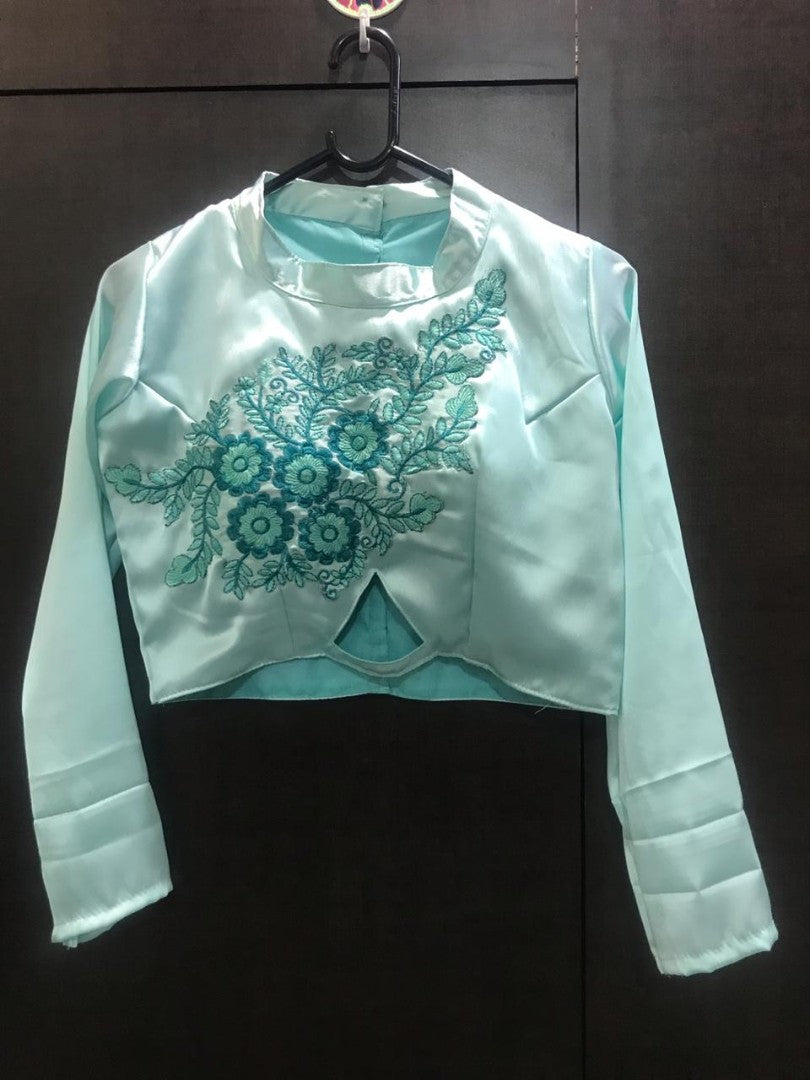 sky satin silk beautiful partywear crop top lehenga