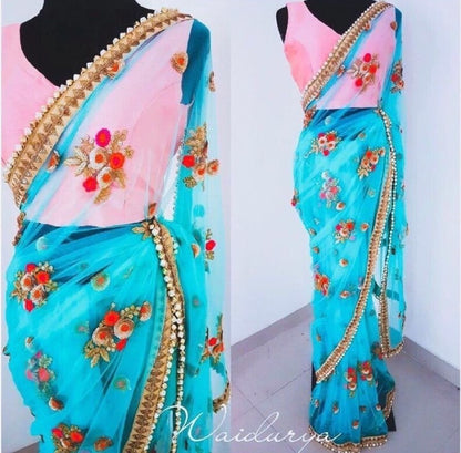 sky soft mono net sequence embroidered partywear saree