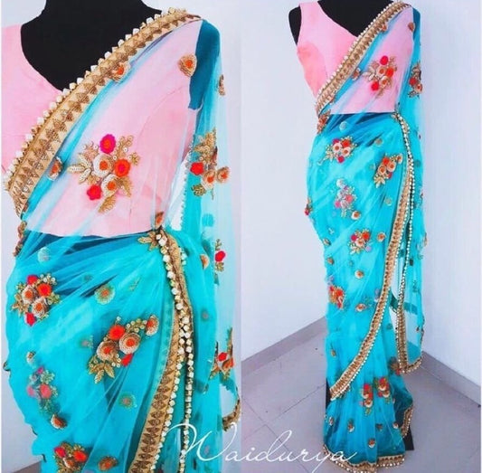 sky soft mono net sequence embroidered partywear saree