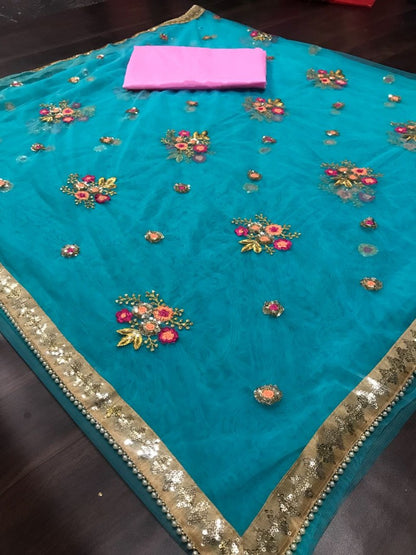 sky soft mono net sequence embroidered partywear saree