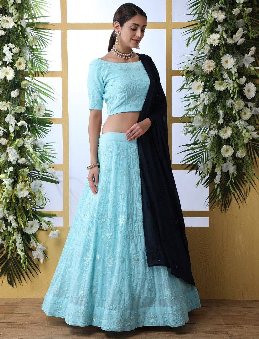 skyblue georgette embroidery work lehenga choli