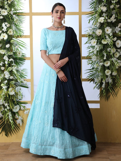 skyblue georgette embroidery work lehenga choli