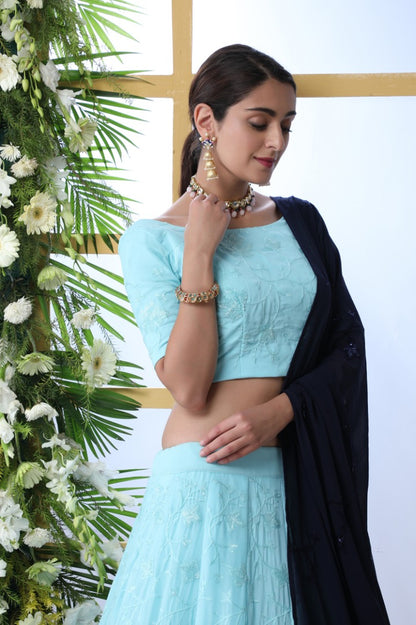 skyblue georgette embroidery work lehenga choli