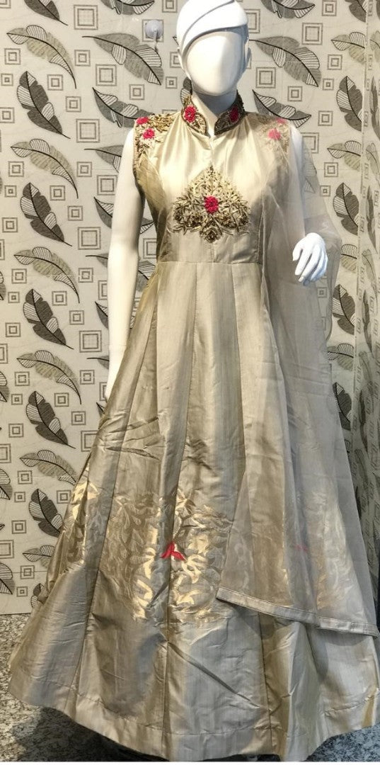 steel grey bamboo silk zardoshi pearl and crystal hand work wedding anarkali suit
