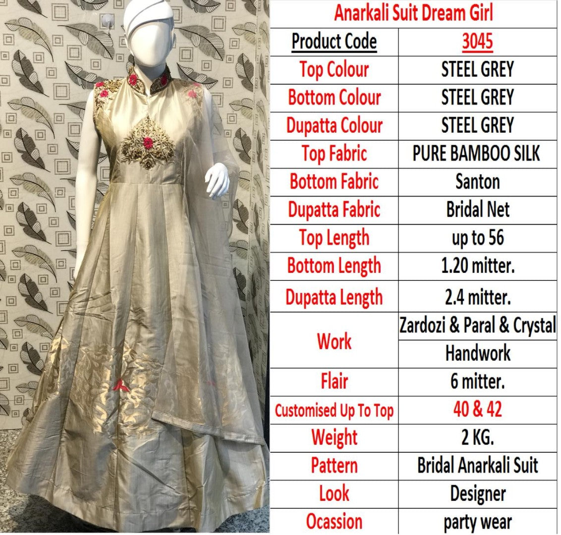 steel grey bamboo silk zardoshi pearl and crystal hand work wedding anarkali suit