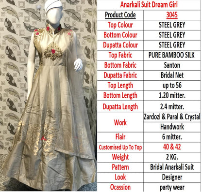 steel grey bamboo silk zardoshi pearl and crystal hand work wedding anarkali suit