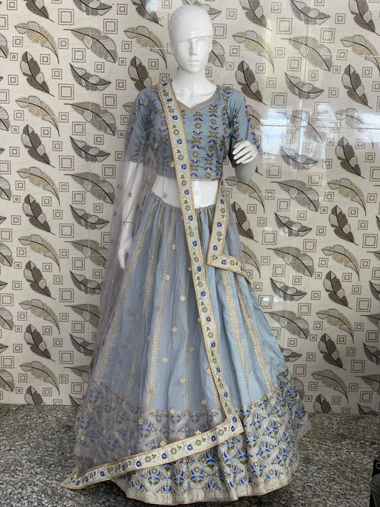 still grey malbari silk embroidered wedding lehenga