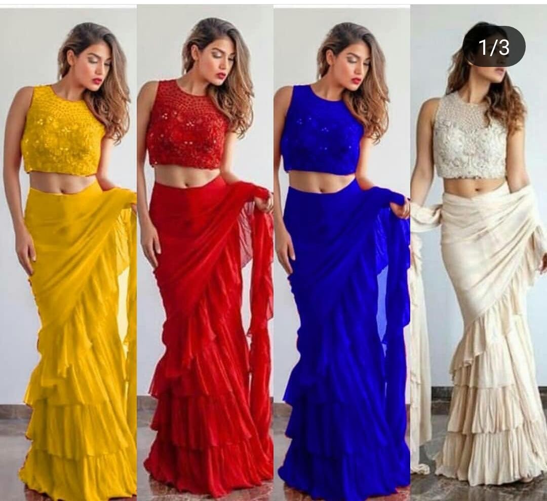 stylist and beautiful georgette silk ruffle partywear saree