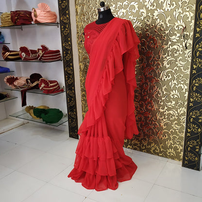 stylist and beautiful georgette silk ruffle partywear saree