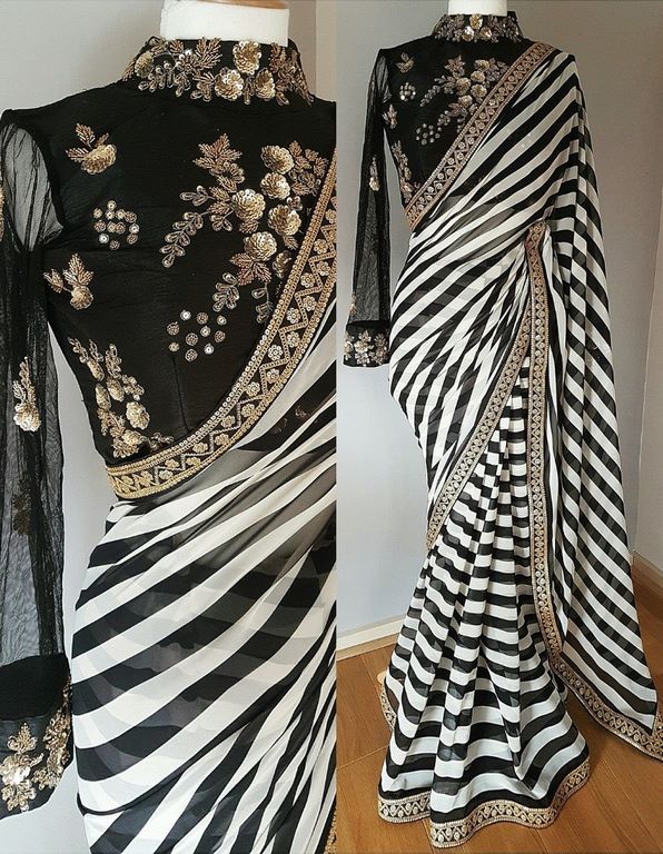 Stylist black and white strip embroidered partywear saree
