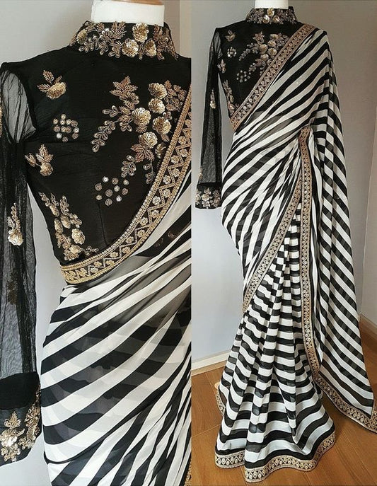Stylist black and white strip embroidered partywear saree