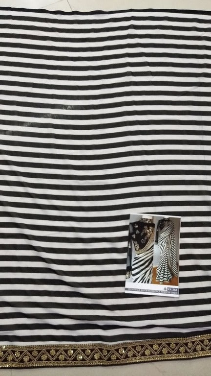 Stylist black and white strip embroidered partywear saree