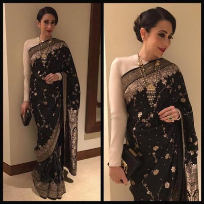 Stylist black georgette heavy embroidery ceremonial saree