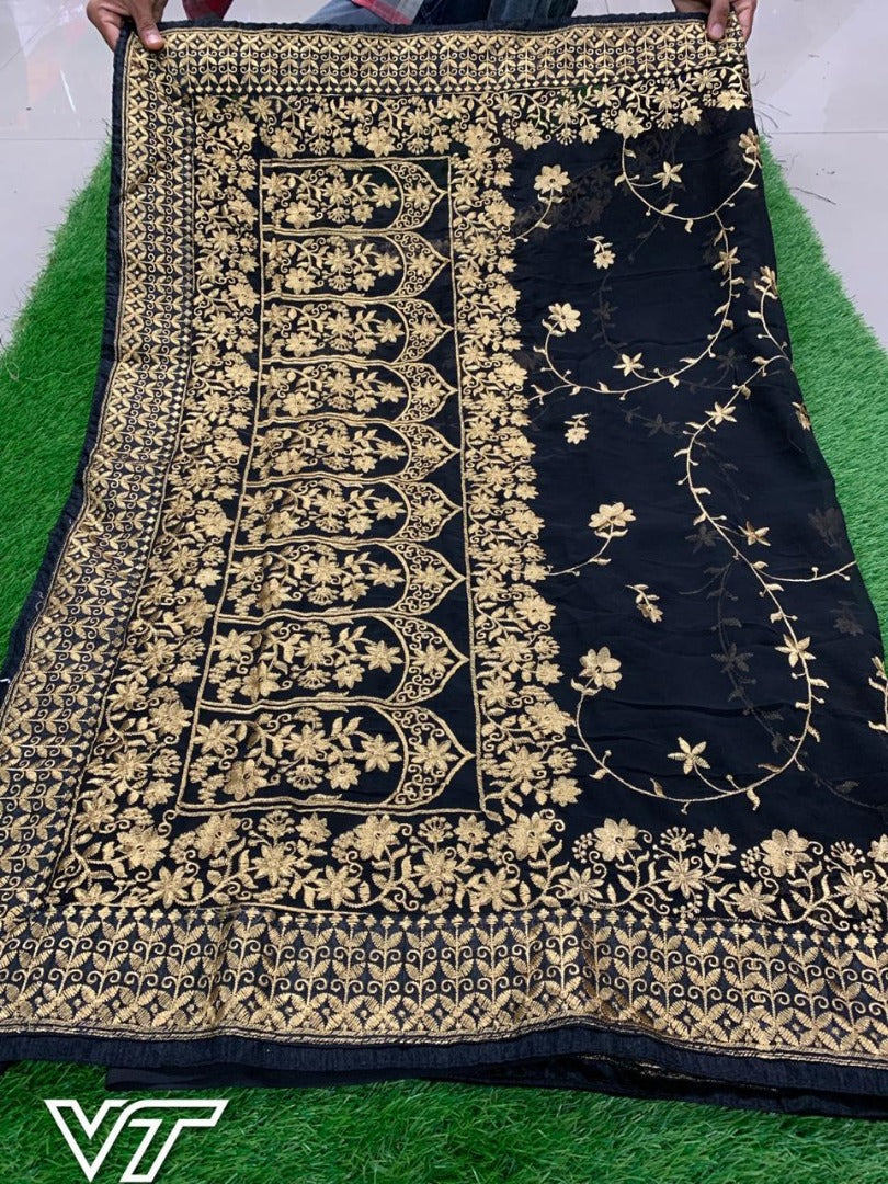 Stylist black georgette heavy embroidery ceremonial saree