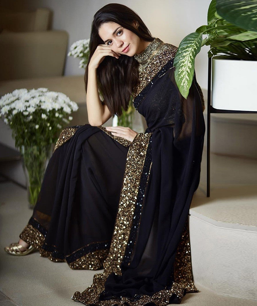 Stylist black sequence work georgette partywear saree