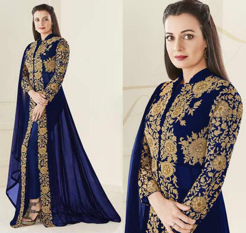 Stylist blue embroiderded Ceremonial Indo Westurn Gown