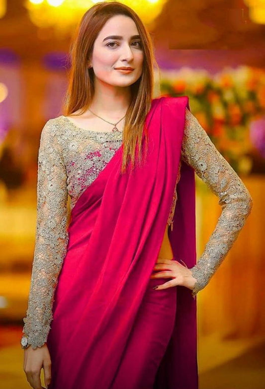 stylist chanderi cotton plain partywear saree with cipli work blouse