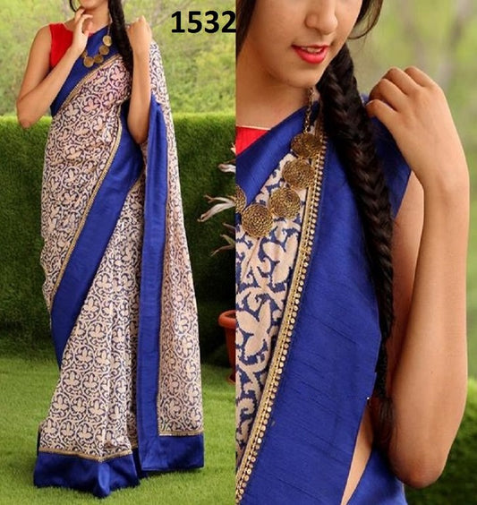 Stylist Cream & Blue Printed Any Festival Saree