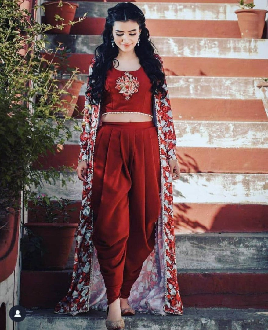 stylist maroon dhoti suit with digital printed shrug