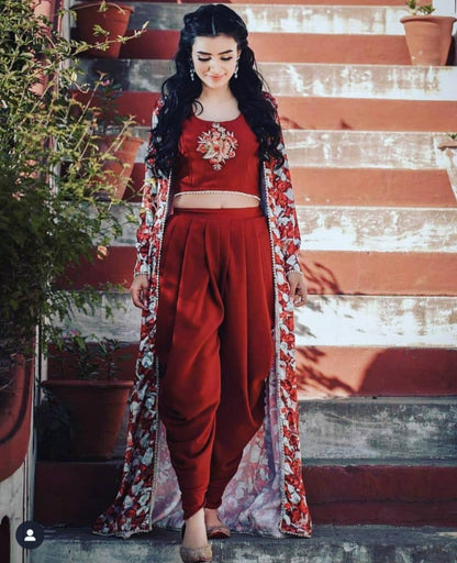 stylist maroon dhoti suit with digital printed shrug