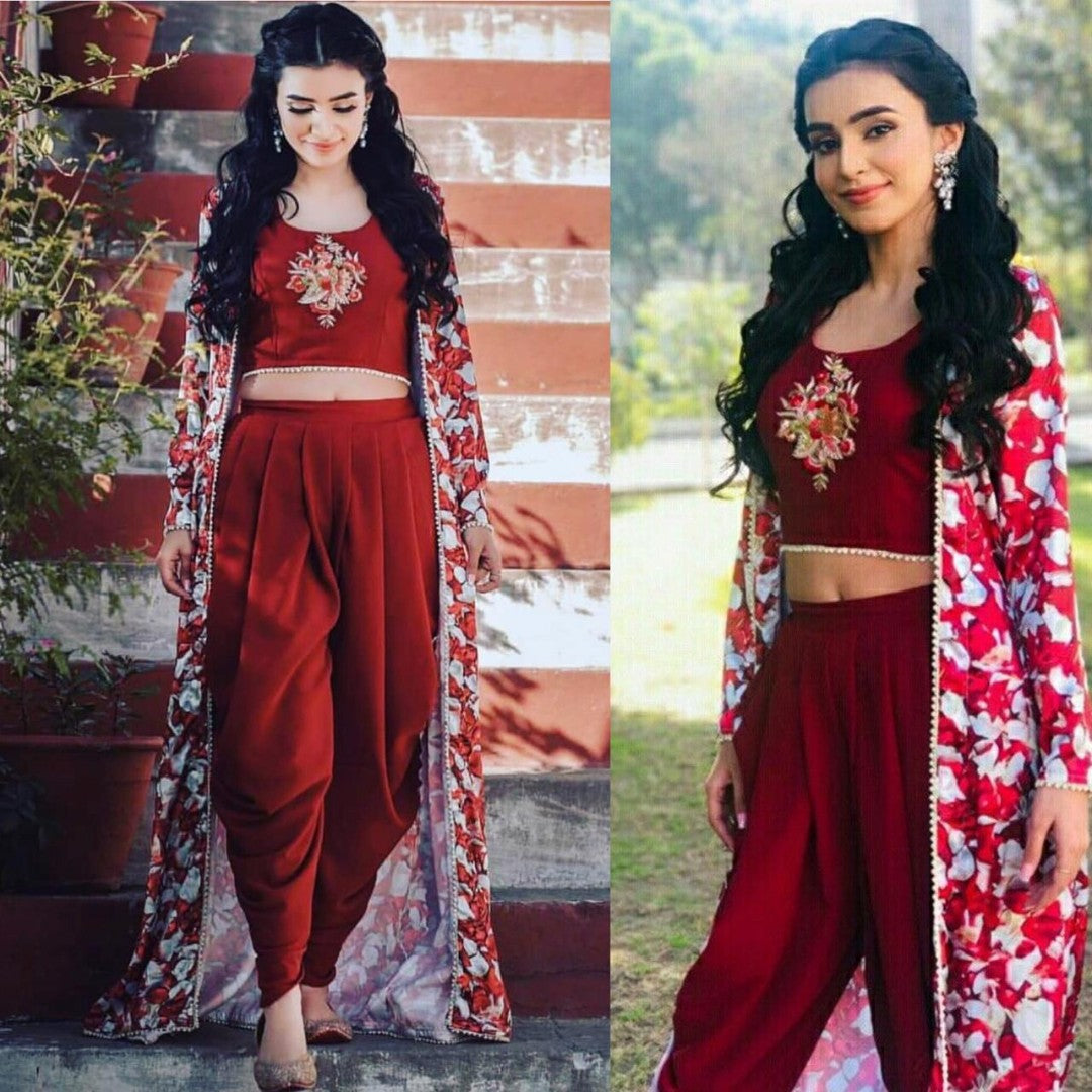 stylist maroon dhoti suit with digital printed shrug
