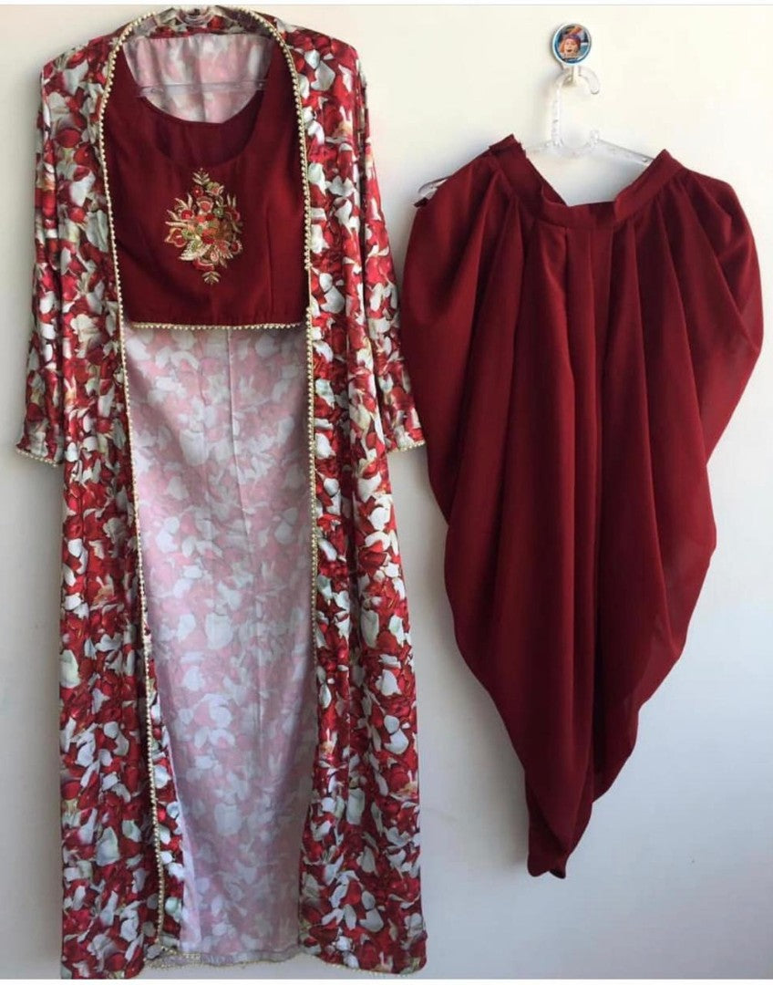 stylist maroon dhoti suit with digital printed shrug