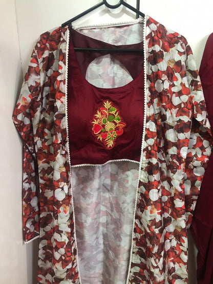 stylist maroon dhoti suit with digital printed shrug