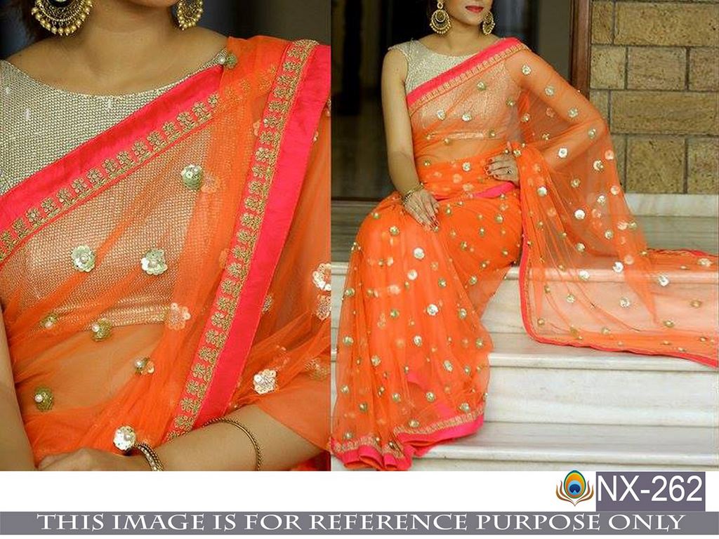 Stylist Orange embroidered Party wear Saree