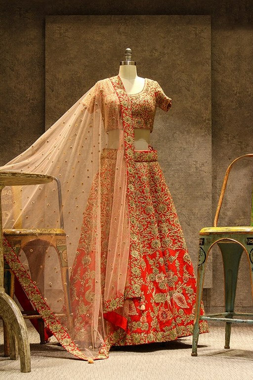 Stylist Orange heavy embroidered Bridal lehenga
