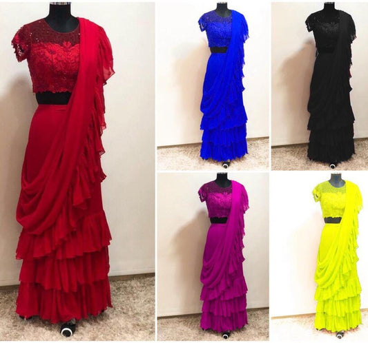 Stylist partywear ruffle saree with net embroidered blouse