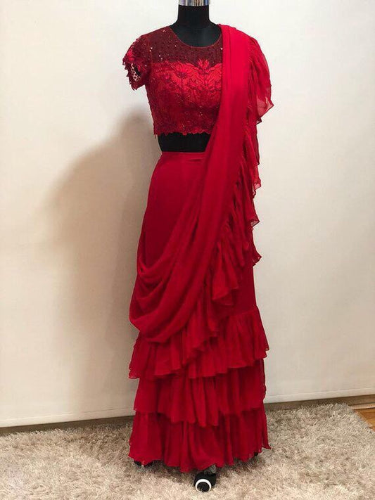 Red Stylist partywear ruffle saree with net embroidered blouse