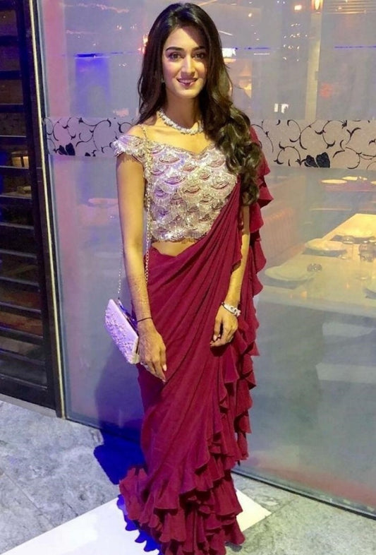 Stylist pink georgette ruffle partywear saree with sequence worked blouse