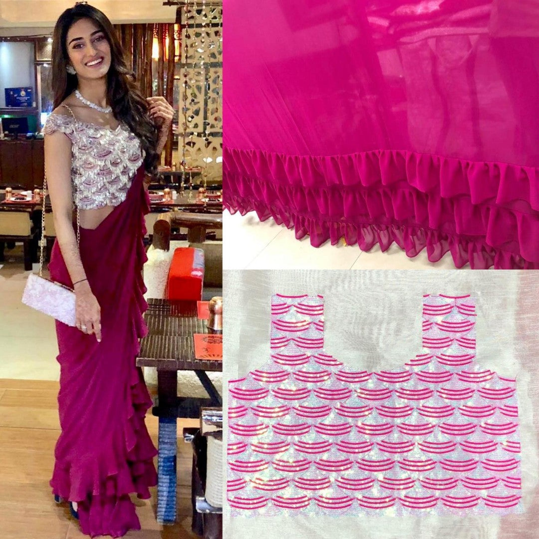 Stylist pink georgette ruffle partywear saree with sequence worked blouse