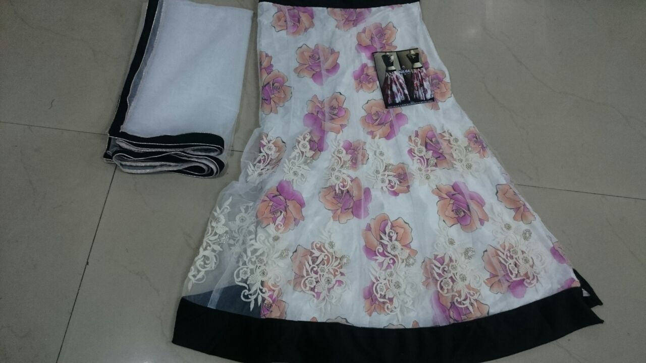 Stylist printed white partywear lehenga
