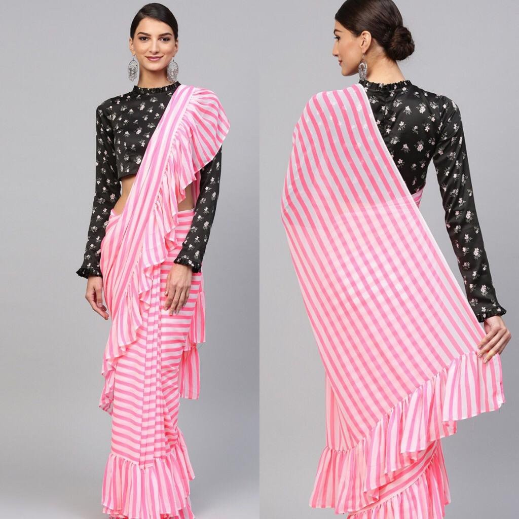 stylist soft georgette baby pink ruffle partywear saree