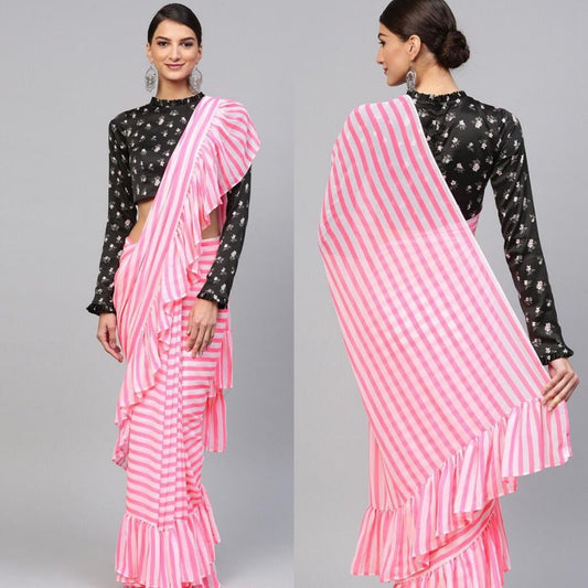 stylist soft georgette baby pink ruffle partywear saree