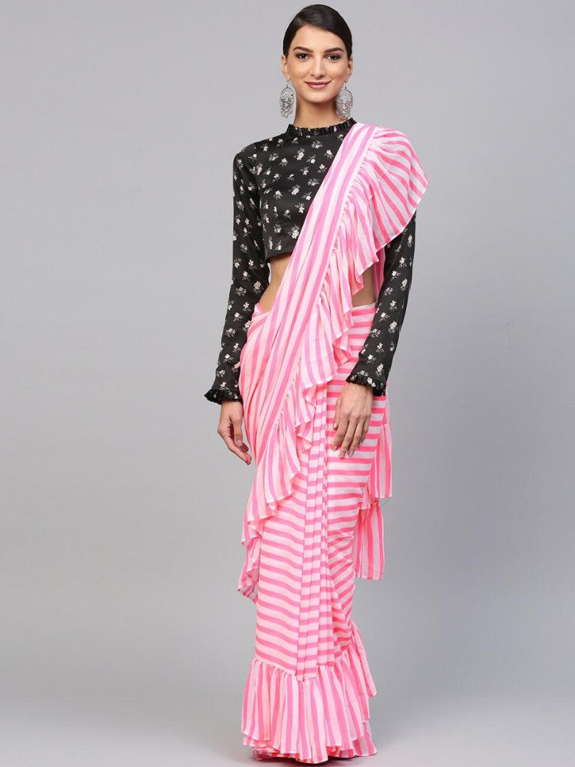 stylist soft georgette baby pink ruffle partywear saree