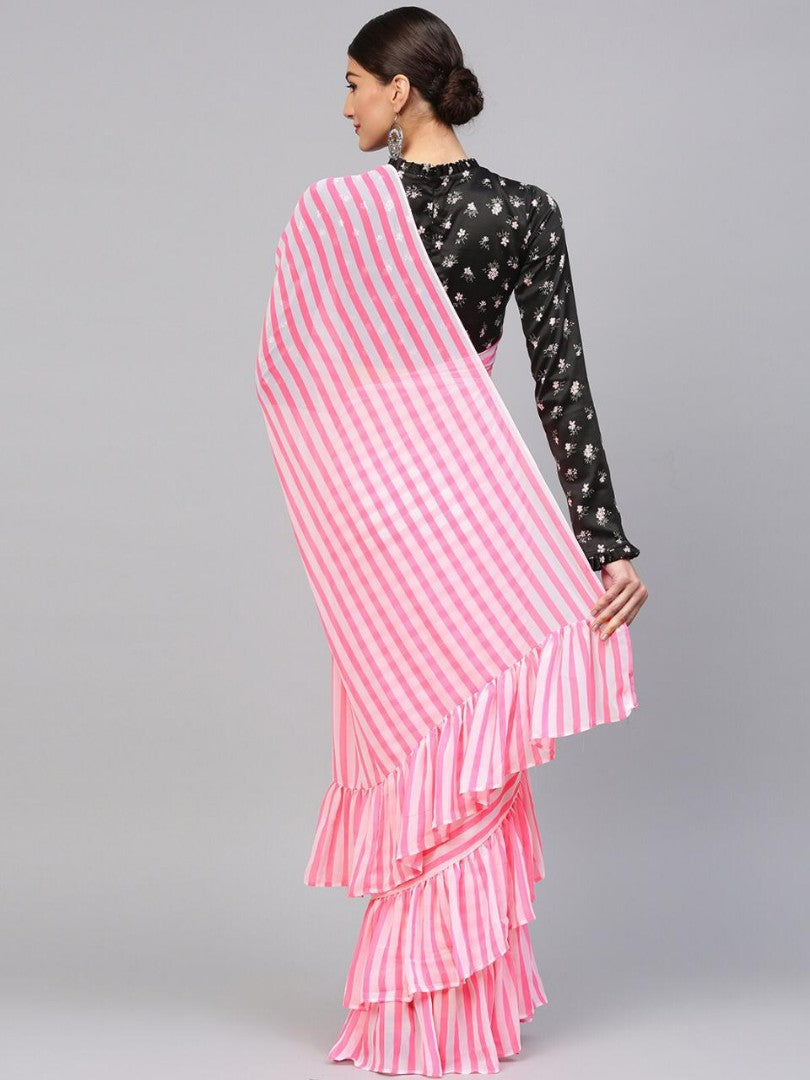 stylist soft georgette baby pink ruffle partywear saree