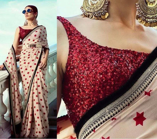 Stylist start printed georgette partywear saree with sequence work blouse